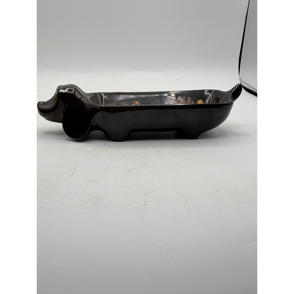 Vintage Dachshund Dog Ceramic Trinket Dish Planter Brown Drip Glaze 9.5"
